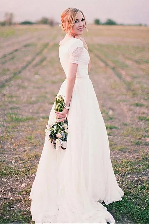 V-neck Lace Chiffon Boho Wedding Dress Short Sleeves
