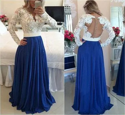 V-neck Long Sleeve Lace Top Royal Blue Chiffon Prom Dresses, Long Sleeve Popular Prom Dresses, BG0346