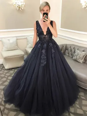 V Neck Open Back Beaded Appliques Black Lace Long Prom Dresses, V Neck Black Formal Evening Dresses, Black Ball