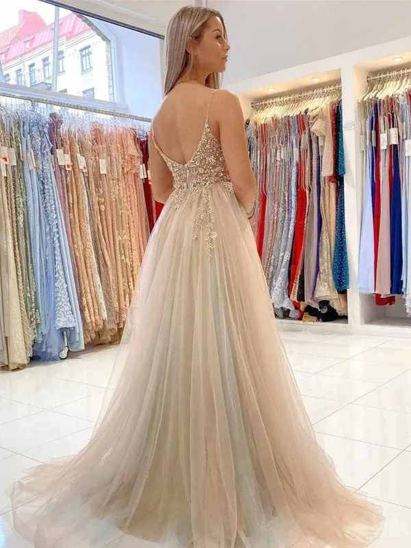 V Neck Open Back Gray Tulle Beaded Long Prom Dresses with High Slit, Beaded Gray Formal Evening Dresses
