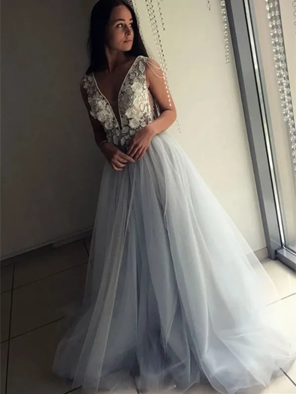 V Neck Open Back Lace Appliques Gray Long Prom, Open Back Lace Gray Formal, Gray Lace Evening