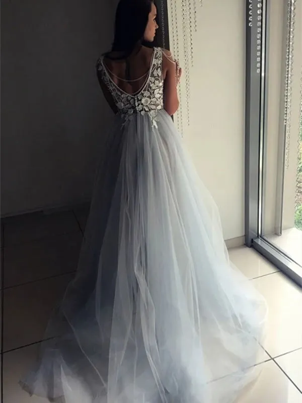 V Neck Open Back Lace Appliques Gray Long Prom, Open Back Lace Gray Formal, Gray Lace Evening