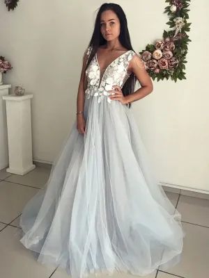 V Neck Open Back Lace Appliques Gray Long Prom, Open Back Lace Gray Formal, Gray Lace Evening