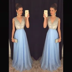 v neck prom dresses long chiffon blue beaded sleeveless chiffon elegant prom gown robe de soiree 2021