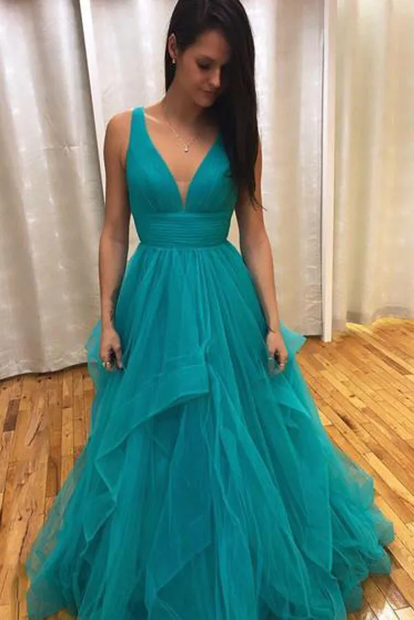 V-neck Simple Dusty Rose Long Prom Dresses with Straps and Ruffle Skirt,MP440
