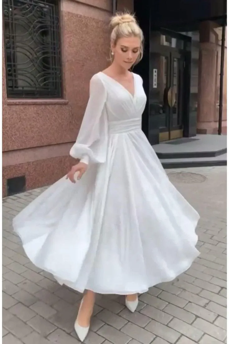 V-neckline Summer Chiffon Bridal Dresses Long Sleeves