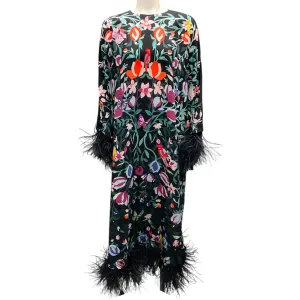 Valentino Black Multi 2021 Floral Printed Ostrich Feather Hem Silk Dress