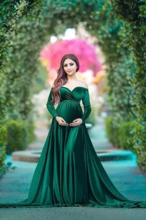 Velvet Long-sleeves Dark Green Baby-shower Dress for Pregnant