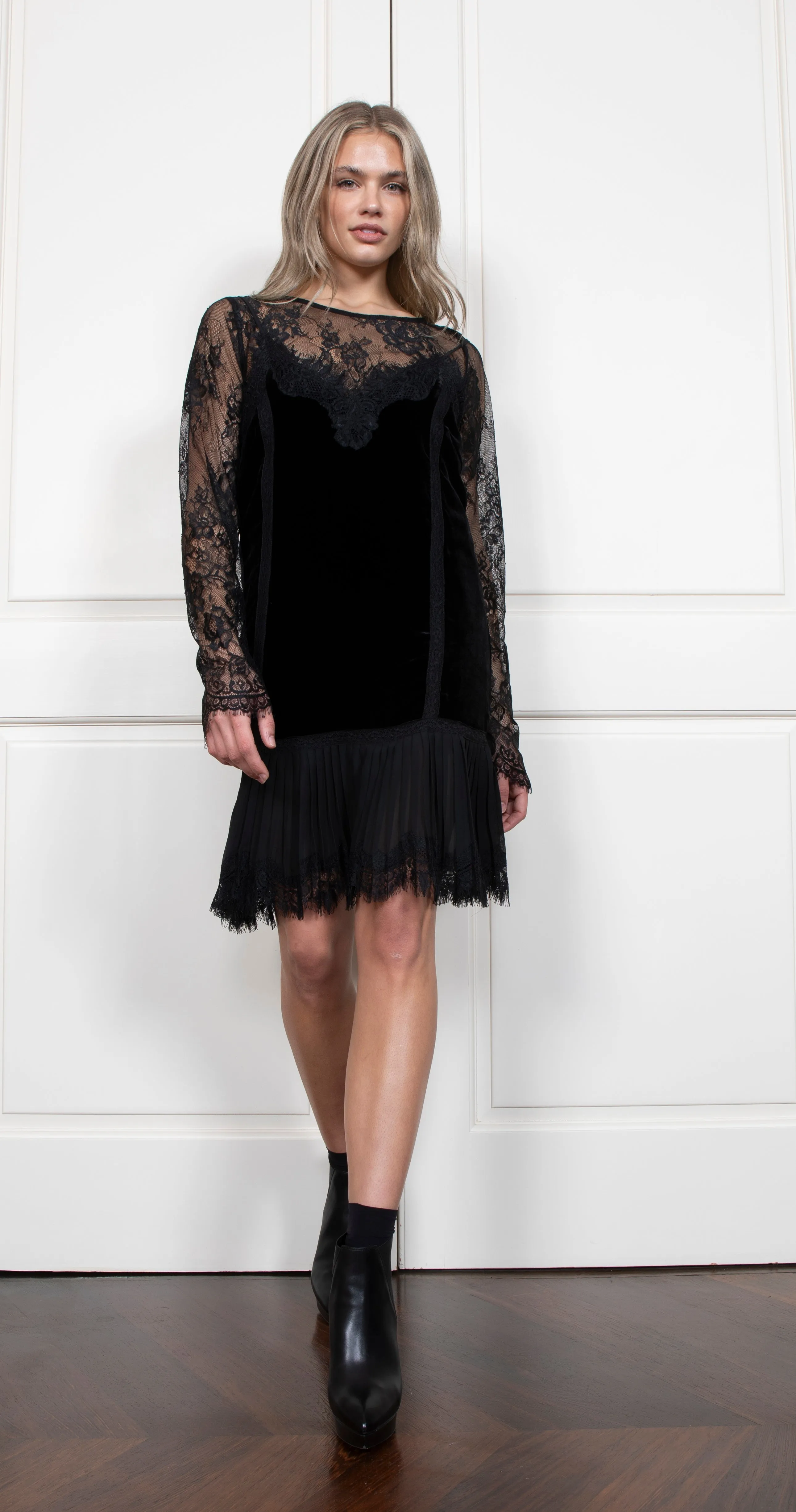 Velvet Pleated Panel Dress - Black
