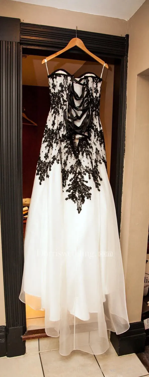 Victorian Gothic Vintage Black Lace and White Organza Garden Wedding Dress