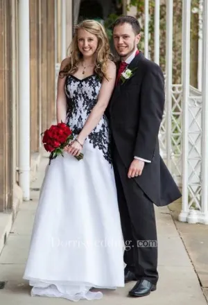Victorian Gothic Vintage Black Lace and White Organza Garden Wedding Dress