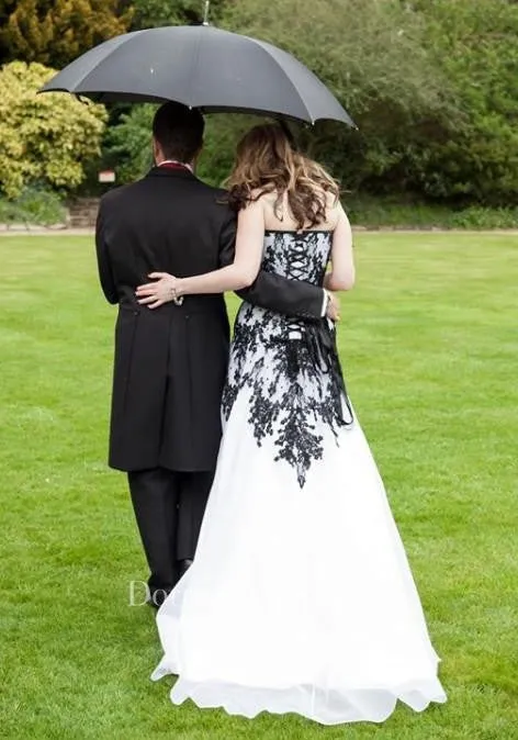 Victorian Gothic Vintage Black Lace and White Organza Garden Wedding Dress