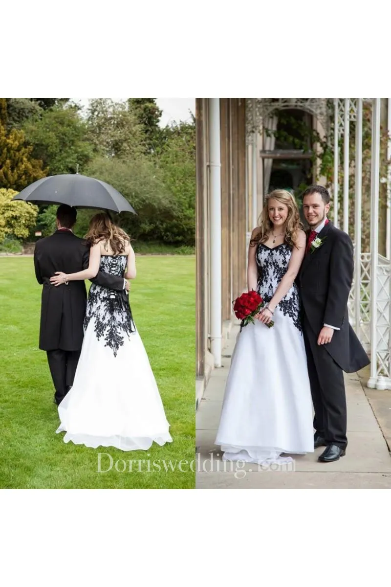 Victorian Gothic Vintage Black Lace and White Organza Garden Wedding Dress