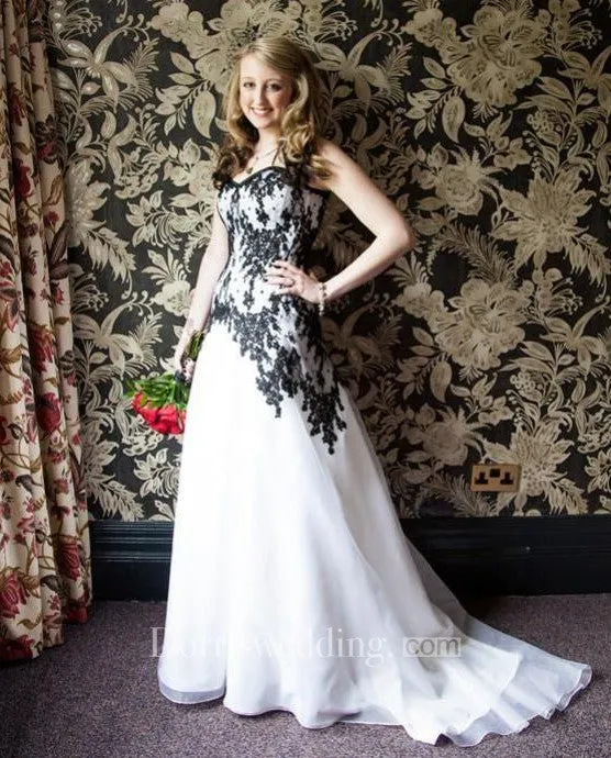 Victorian Gothic Vintage Black Lace and White Organza Garden Wedding Dress