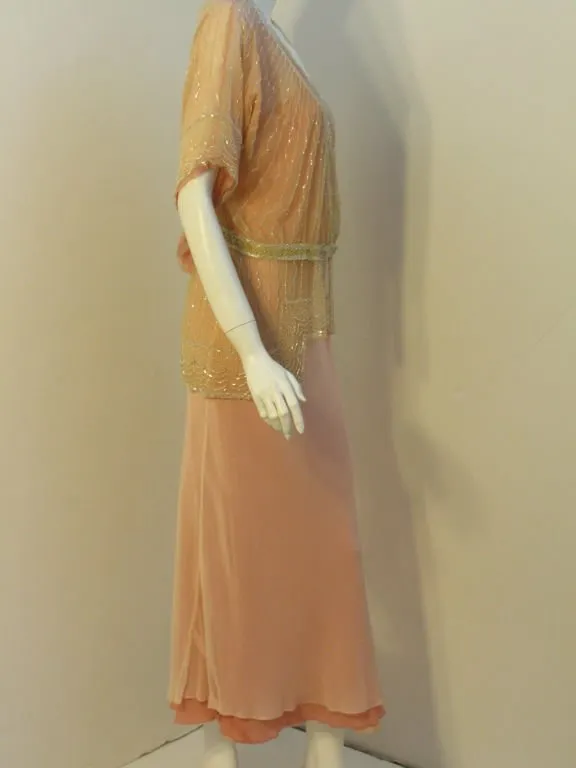 VINTAGE Circa 1920s Beaded Jacket, Pink Silk Chiffon Gown