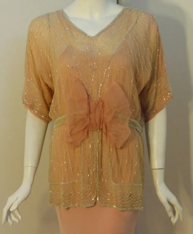VINTAGE Circa 1920s Beaded Jacket, Pink Silk Chiffon Gown