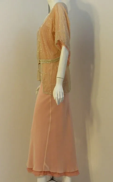 VINTAGE Circa 1920s Beaded Jacket, Pink Silk Chiffon Gown