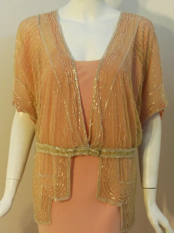 VINTAGE Circa 1920s Beaded Jacket, Pink Silk Chiffon Gown