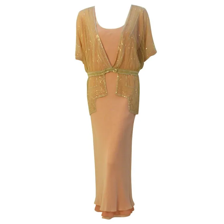 VINTAGE Circa 1920s Beaded Jacket, Pink Silk Chiffon Gown