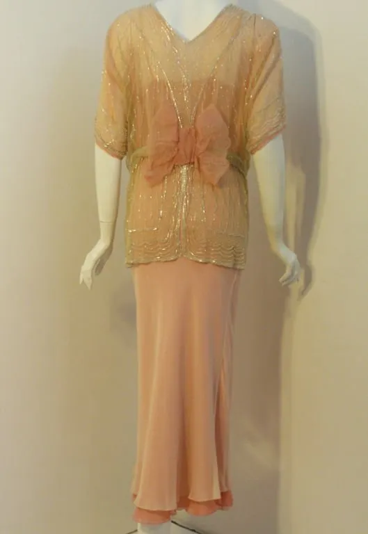 VINTAGE Circa 1920s Beaded Jacket, Pink Silk Chiffon Gown