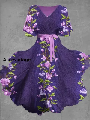 Vintage Floral Art Print Chic V-Neck Short Sleeve Midi Dress