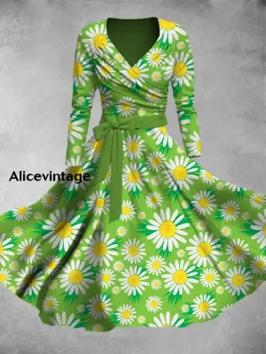 Vintage Floral Print V-Neck Elegant Chic Midi Two-Piece Long Sleeve Dress