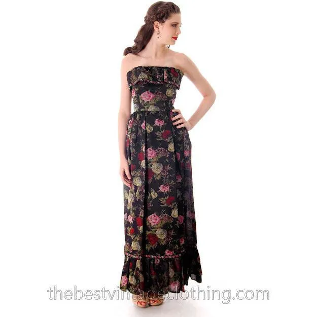 Vintage Tina Leser Silk Strapless Gown Black Floral  Maxi 1960s X Small