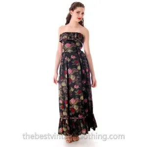 Vintage Tina Leser Silk Strapless Gown Black Floral  Maxi 1960s X Small