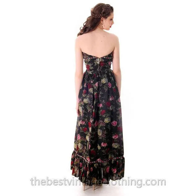 Vintage Tina Leser Silk Strapless Gown Black Floral  Maxi 1960s X Small