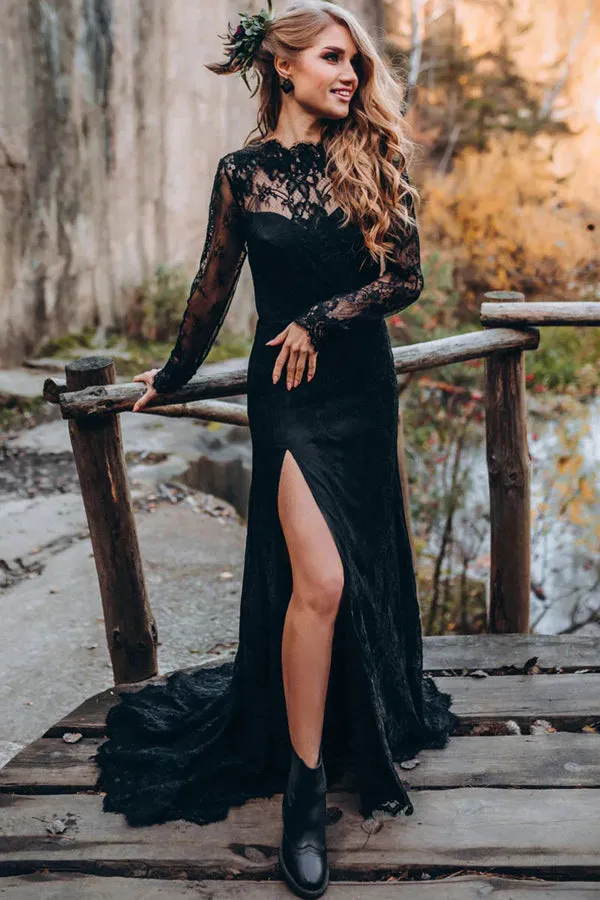 Waris | A line Black Sweetheart Long Sleeves Lace Beach Wedding Dresses