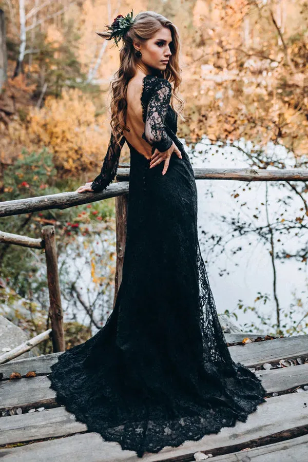 Waris | A line Black Sweetheart Long Sleeves Lace Beach Wedding Dresses