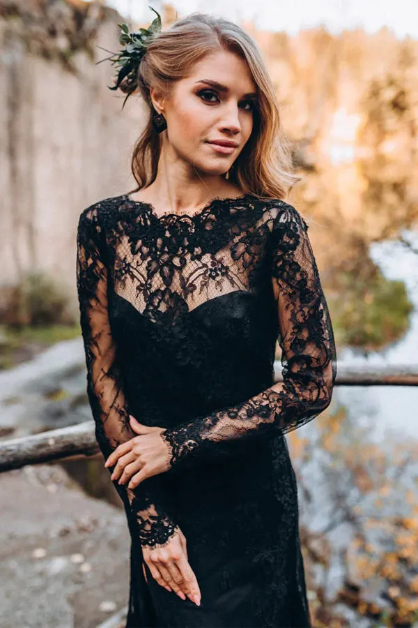 Waris | A line Black Sweetheart Long Sleeves Lace Beach Wedding Dresses