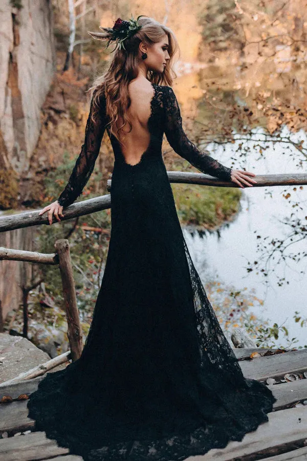 Waris | A line Black Sweetheart Long Sleeves Lace Beach Wedding Dresses