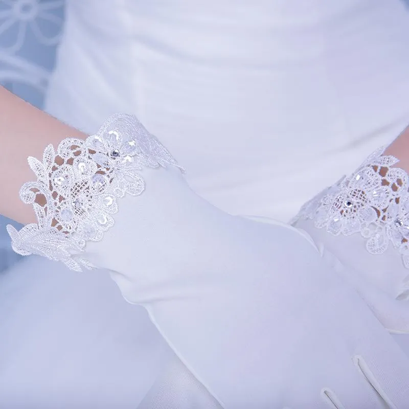 White Bridal Stain Wedding Gloves With Lace Appliques, Lovely Wedding Gloves, TYP0556