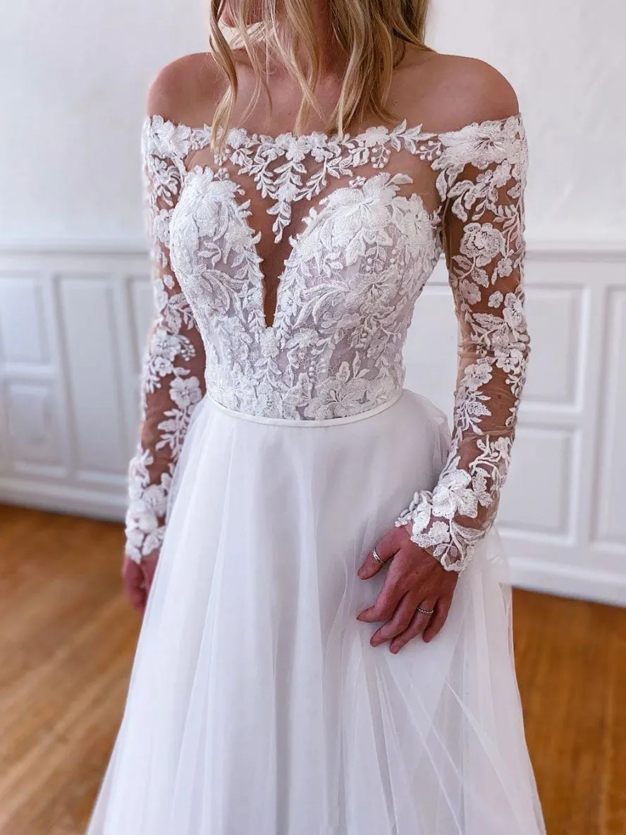 White lace tulle long prom dress, white lace tulle evening dress