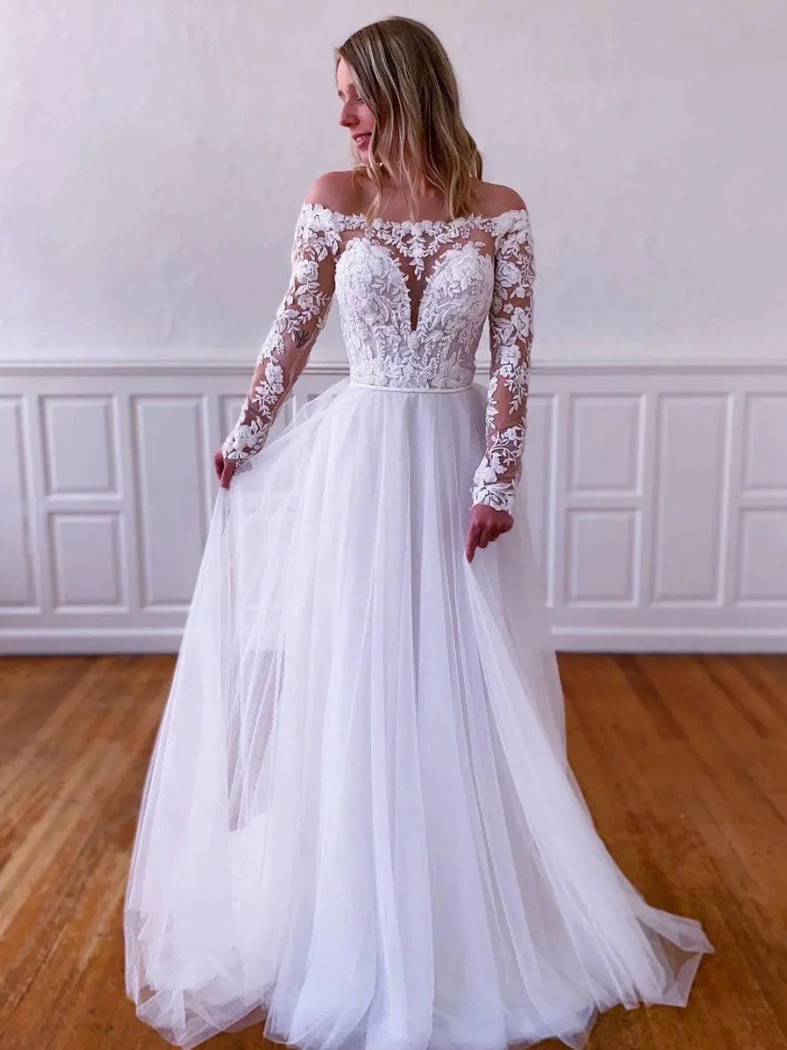 White lace tulle long prom dress, white lace tulle evening dress