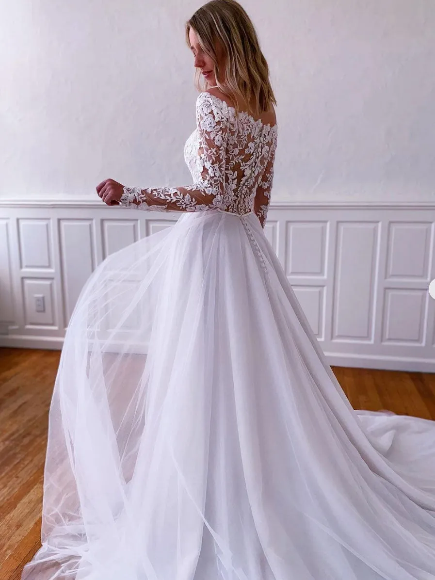 White lace tulle long prom dress, white lace tulle evening dress