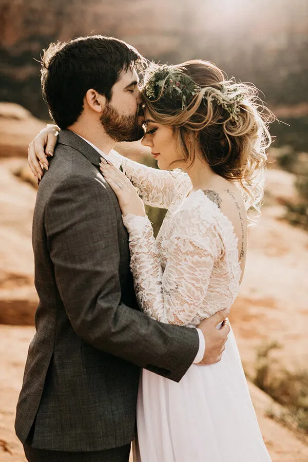 White Lace Tulle Long Sleeves Beach Wedding Dresses, Bridal Dress, MW570