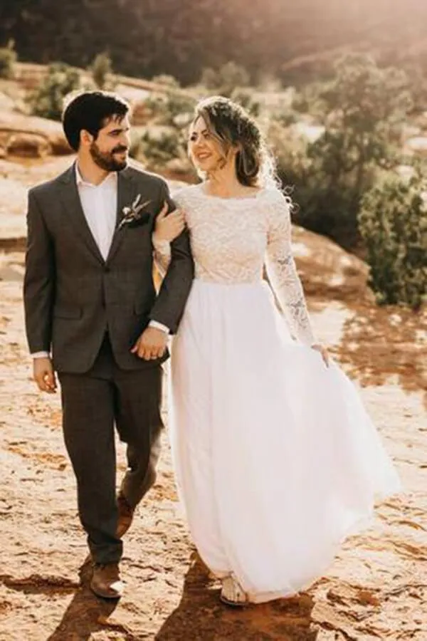 White Lace Tulle Long Sleeves Beach Wedding Dresses, Bridal Dress, MW570