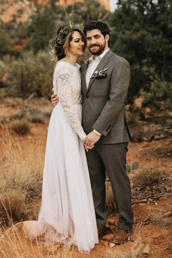 White Lace Tulle Long Sleeves Beach Wedding Dresses, Bridal Dress, MW570