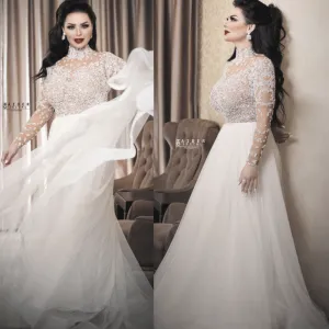 white prom dresses long sleeve high neck beaded crystals arabic elegant prom gown vestido de Longo