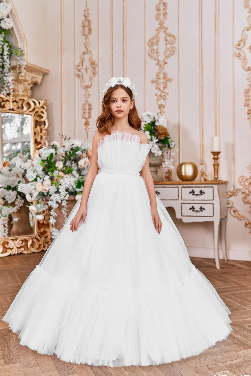 White Ruffle Tulle Dress with Open Shoulders