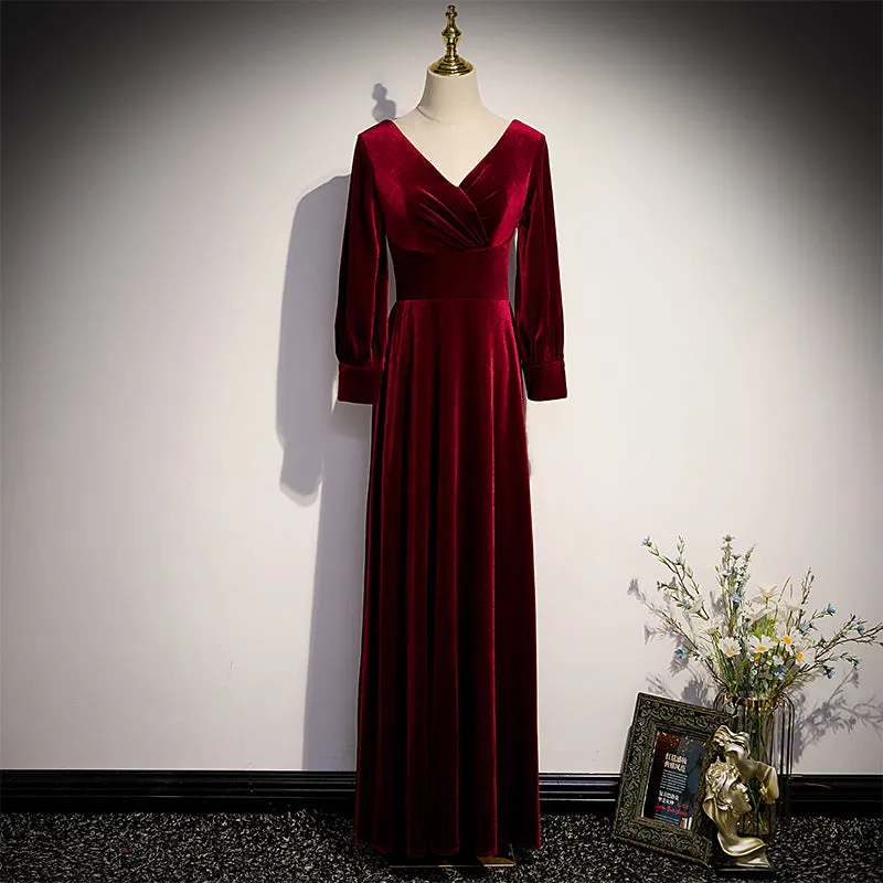Wine Red Velvet Long Sleeves V-neckline Wedding Party Dresses, Dark Red Prom Dresses