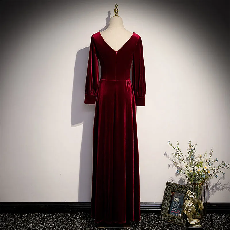 Wine Red Velvet Long Sleeves V-neckline Wedding Party Dresses, Dark Red Prom Dresses