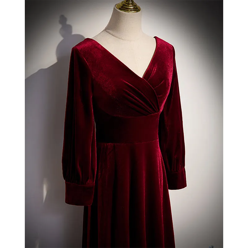 Wine Red Velvet Long Sleeves V-neckline Wedding Party Dresses, Dark Red Prom Dresses