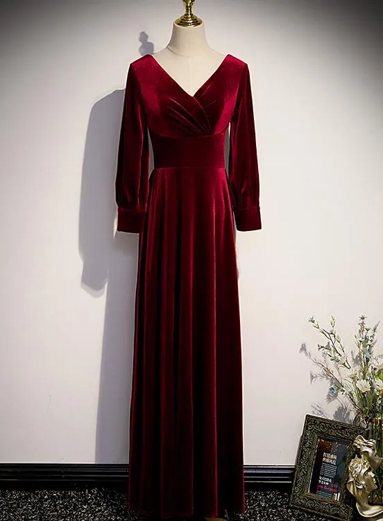 Wine Red Velvet Long Sleeves V-neckline Wedding Party Dresses, Dark Red Prom Dresses