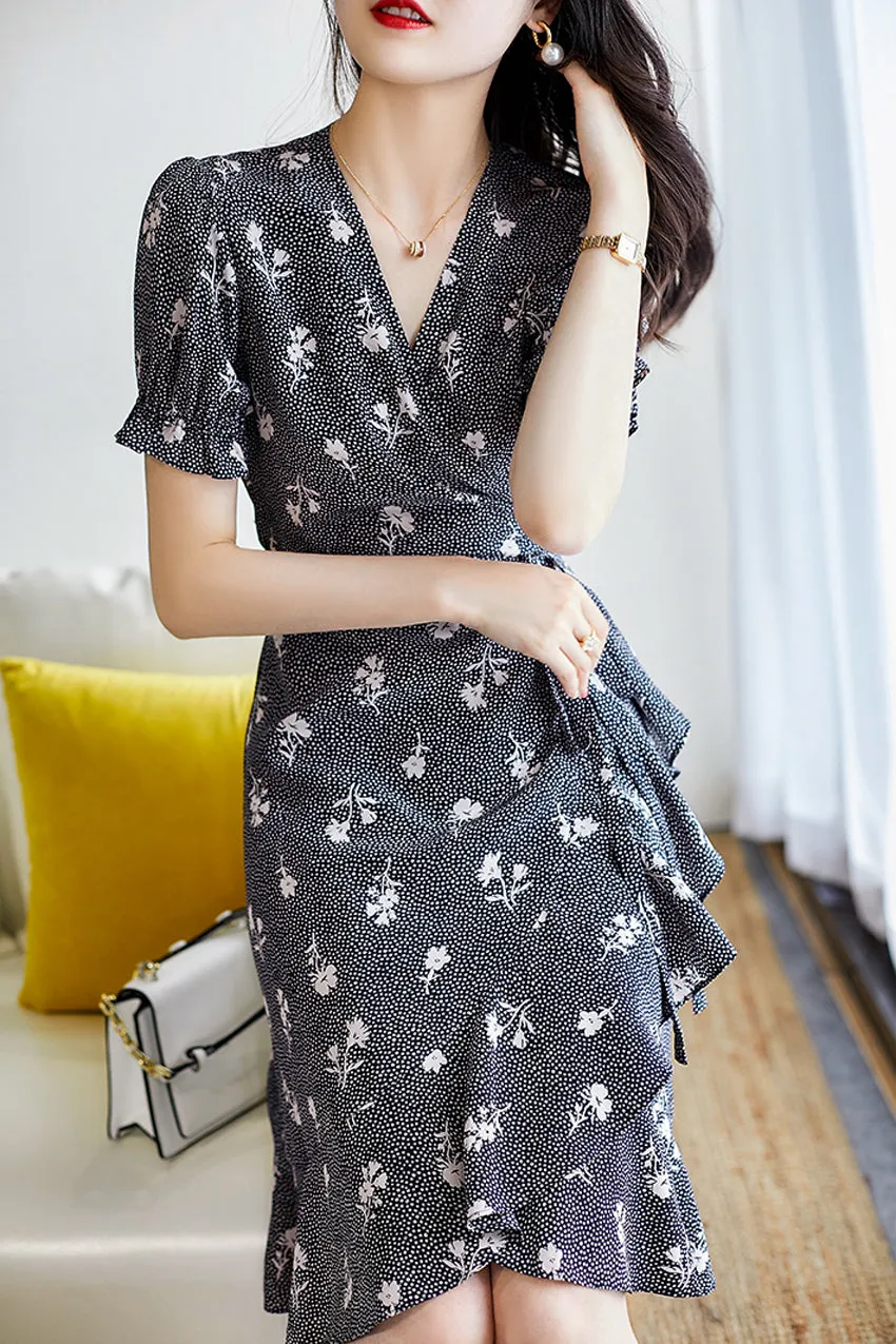 Winni Side Waist Belted Ruffle Surplice Dress