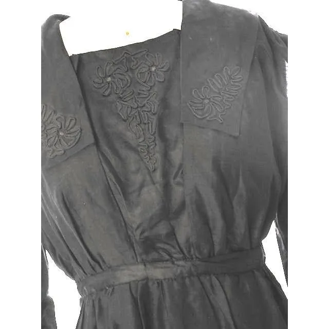 Womens Early 1920s Antique Dress Black Silk Faille Edwardian Large 48 Bust