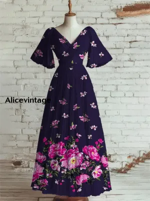 Women's Vintage Floral Art Print V Neck Short Sleeve Elegant Midi Dress