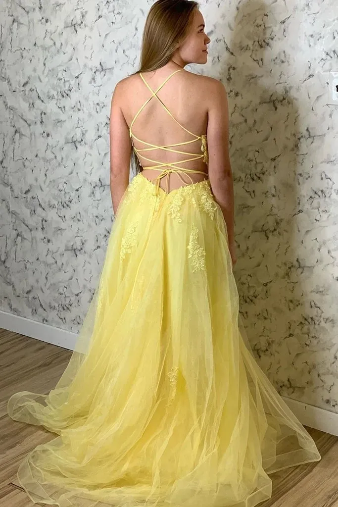 Yellow Prom Dresses Lace Floral A Line Open Back Split Formal Evening Gowns